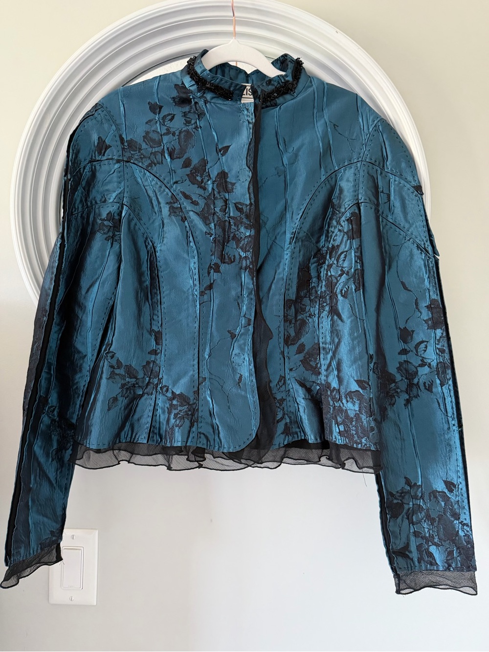 Vintage Carlisle Silk Brocade Beaded Evening Jacket - Teal Blue Black
